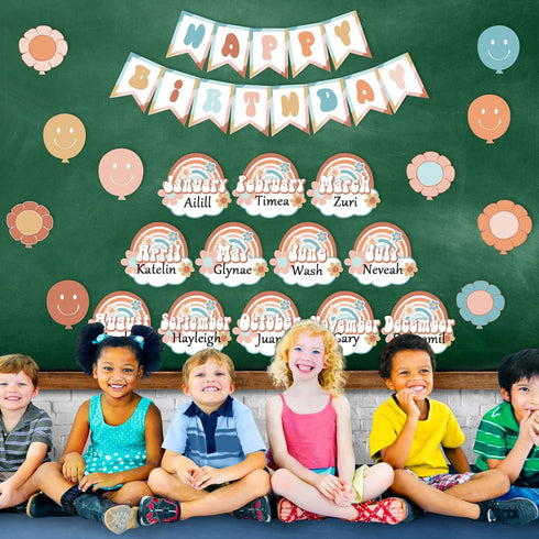 Groovy Happy Birthday Bulletin Board Set - Retro Hippie Birthday Cutouts for Classroom Decor