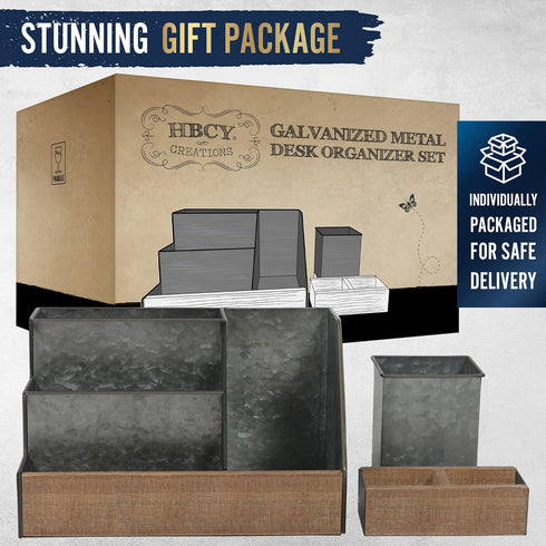 HBCY Creations Rustic Galvanized Desk Organizer Set, 3 Piece Mail Organizer for Desktop