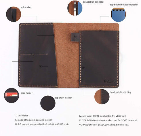 COFFEE Leather Cover for Rite in the Rain Top Spiral Notebooks, Handmade 3" x 5" Mini Pocket Notepad Holder