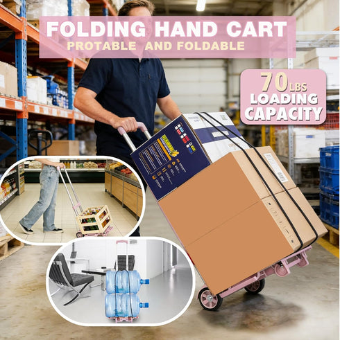 2 Backpack Folding Dolly Pink Hand Cart,Folding Hand Truck Aluminum Trolley,Small Dolly, Foldable Hand Cart Wheel