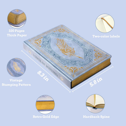 CAGIE Vintage Journal for Women, 320 Pages Gold Edge Thick Paper, A5 Hardcover Leather Journal (Light Blue)