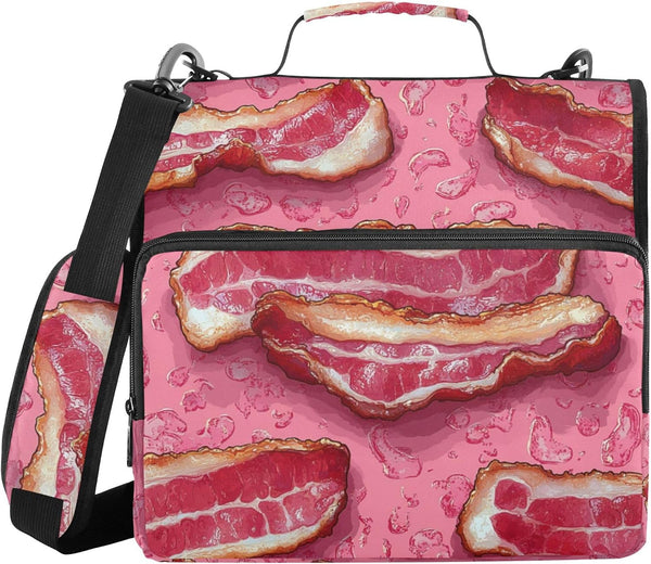 Fisyme Cartoon Bacon Meat Cute Zipper Binder 3 Ring with Zipper and Shoulder
