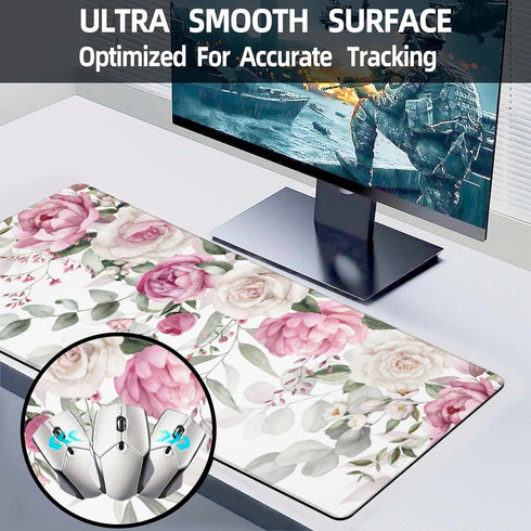 Large Gaming Mouse Pad for Desk, Pink Peony Flowers Eucalyptus Leaves, Extended Big Computer Keyboard Pad