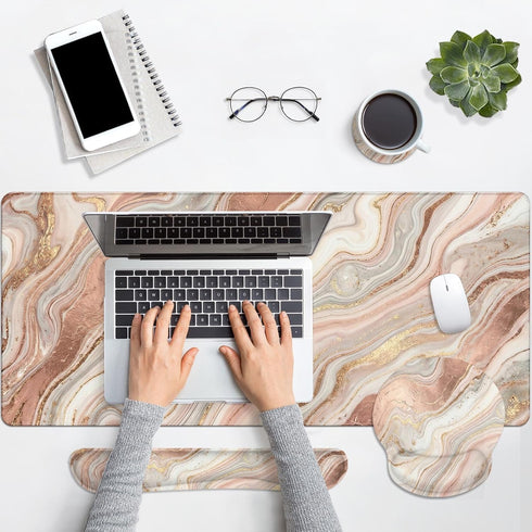 Set 4in1 35.4x15.7 inches Britimes Marble Gold Pink Keyboard Mouse Pad Abstract Glitter Large Mousepad+Keyboard Wrist