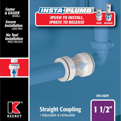 Keeney Insta-Plumb 1-1/2 in. Straight Tubing Coupling, Push Fit System, White