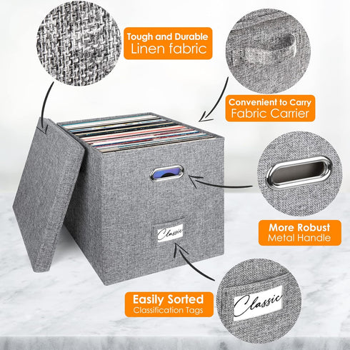 Vinyl Record Storage Box Set of 2, for 100+ Single LPs, Stackable Linen Crate with Lid, Document Organizer