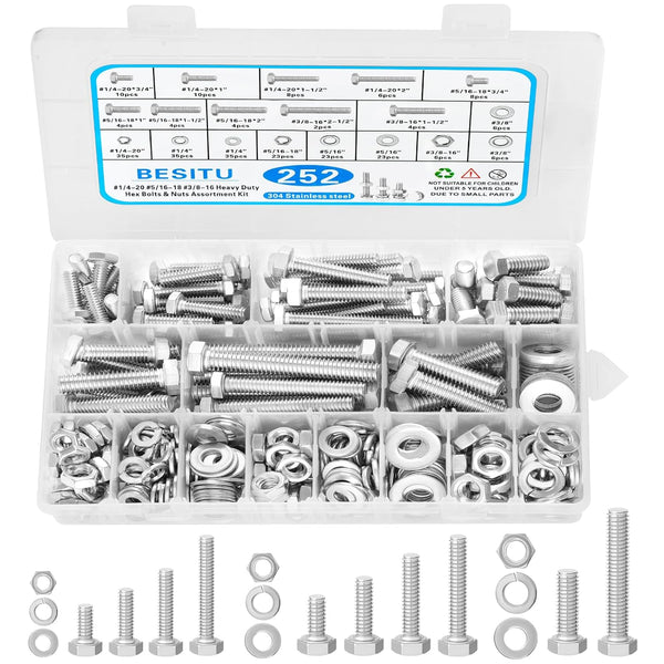 Besitu 252Pcs Hex Bolts and Nuts Assortment Kit, 1/4-20, 5/16-18, 3/8-16 Assorted Bolts