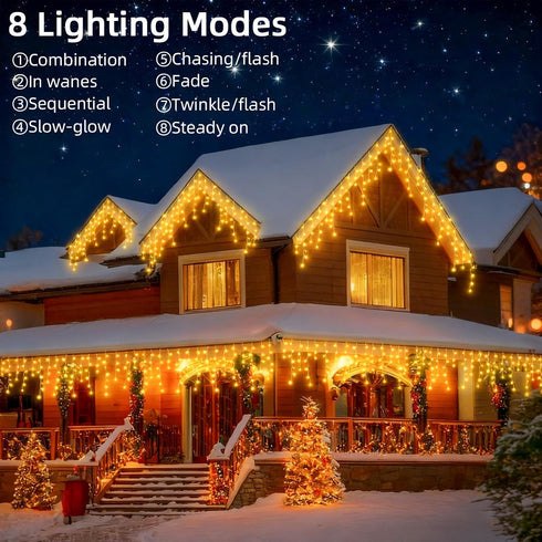 BYIZO 480 66+33 8 Christmas Outdoor Icicle Lights - LED FT Modes Curtain Fairy String Light Plug in, Waterproof