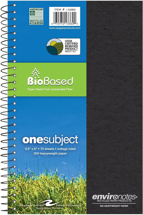 Roaring Spring Environotes Recycled Notebook, 70 Sheets, 9.5" x 6", College Ruled