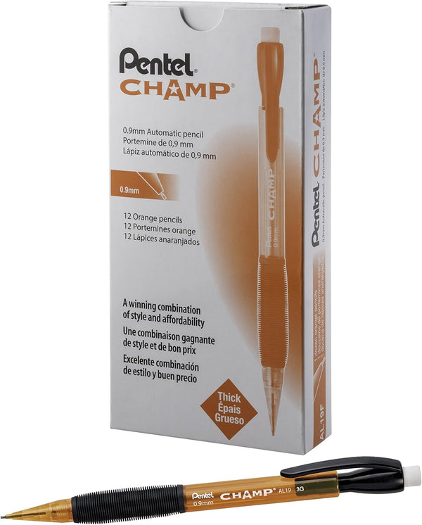 Pentel CHAMP Mechanical Pencil, 0.9mm, Tinted Orange Barrel, Box of 12 (AL19F)