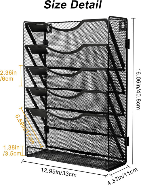 EasyPAG 5 Tier Mesh Office Organizer, Wall Mounted File Holder, Vertical Hanging Paper File Rack with White Label