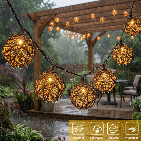 10 Bulbs 9.84FT Vigdur Rattan Ball String Lights, Boho Lantern String Lights with Led Connectable, Indoor Outdoor