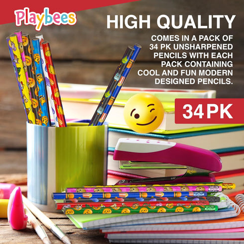 Emoticon Pencils - 36 Pack, Fun & Vibrant Writing Tools with Erasers, Assorted Emote Designs for Classroom Prizes