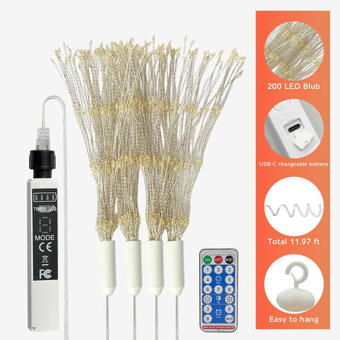 800 8 4 Packs Firework Lights Outdoor LED, String Light USB Rechargeable Battery Powered Smart with Remote, Modes