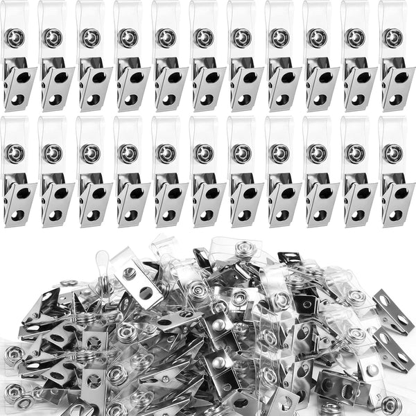 Metal Badge Clips ID Badge Clips with Clear PVC Straps, Double Hole Name Tag Clips for ID Cards and Badge Holders (200