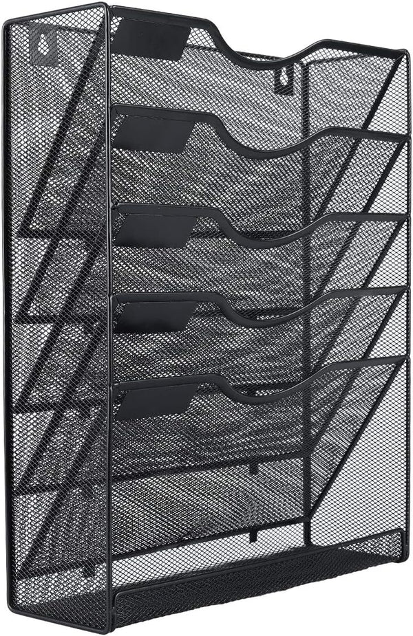 EasyPAG 5 Tier Wall File Organizer, Mesh Hanging File Holder with Bottom Flat Tray, Black