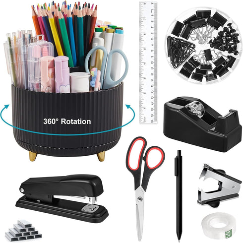Black Office Supplies Desk Accessories, 360° Pen Holder, Tape Dispenser, Stapler, Staple Remover, 1000 Staples, Ruler,