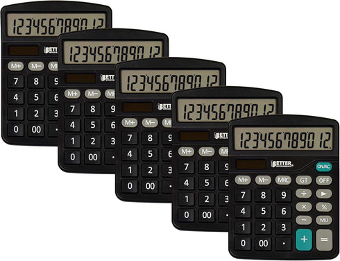 Better Office Products Large Desktop Calculators, 5 Pack, 12-Digit LCD Display, Standard Function, Black
