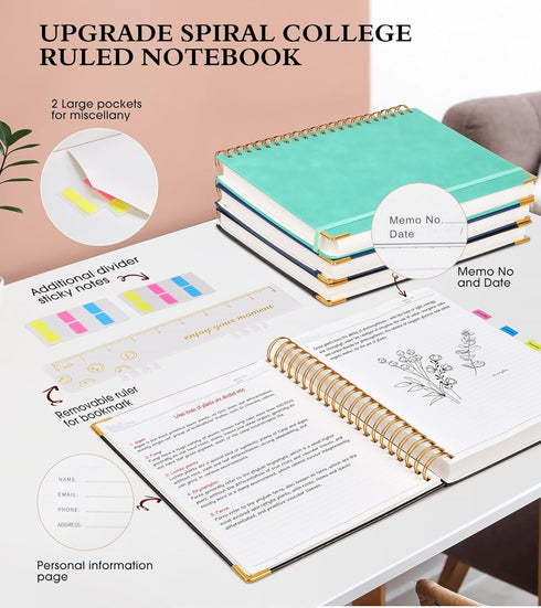 Spiral Notebook Journal, 7.6” x 10”, 300 Pages B5 Large College Ruled Leather Notebooks for Writing