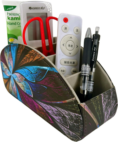 PU Leather Remote Control Holder, TV Remote Caddy with 5 Compartments for Organizing Controllers and Glasses