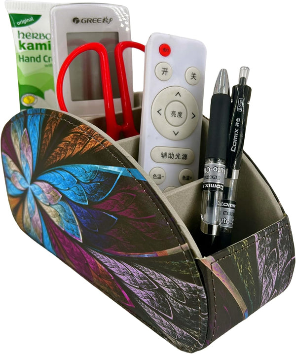 PU Leather Remote Control Holder, TV Remote Caddy with 5 Compartments for Organizing Controllers and Glasses