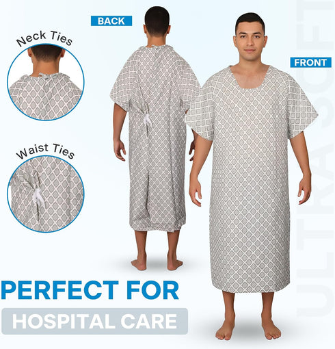 GERVRA Reusable Hospital Gown - Patient Gowns with Tie Back, Unisex Medical Gowns for Hospital, Clinic, Recovery & Home