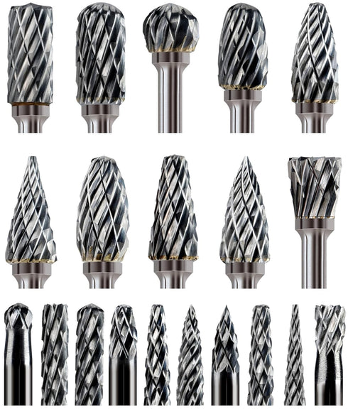 20 Pcs Carbide Burr Bits 1/8" Shank, Compatible with Dremel for Metal Grinding, Wood, Stone, Steel Carving