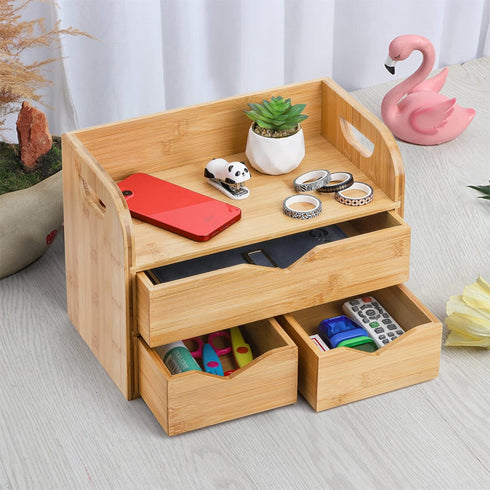 Hacaroa 3 Tier Bamboo Desktop Organizer with 3 Drawers, Portable Craft Box Cosmetic Storage for Office Supplies
