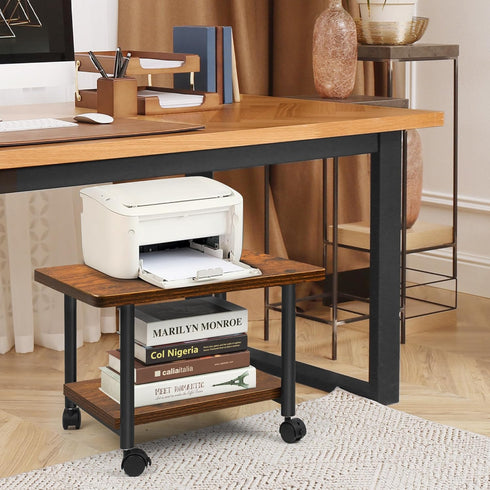 Under Desk Printer Stand, 2-Tier Mobile Printer Table with Storage Shelf, Heavy Duty Wood Rolling Cart for Home, Office