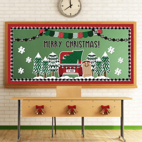 Whaline 139Pcs Christmas Classroom Bulletin Board Decoration Kit, Xmas Tree Red Truck Cutouts with Glue Point Stickers
