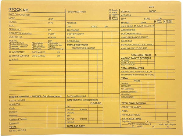 EZ Line Printed Vehicle Deal Record Envelopes | 100 Pack | 9x12 Jackets | Manilla Detailed