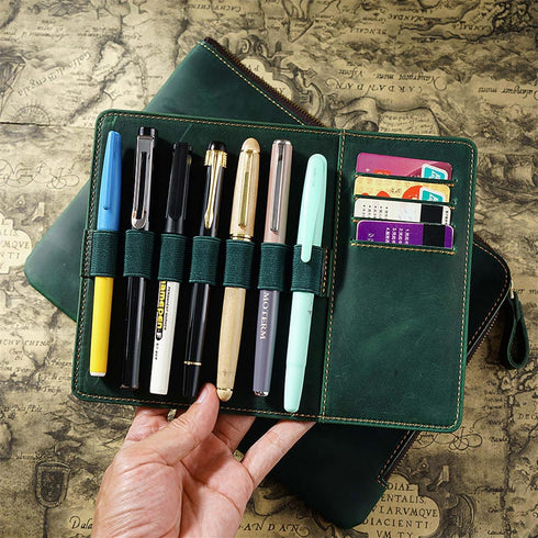 Genuine Leather Zip Pen Case - Creative 7 Slots with Removable Pen Tray Holder (Green)
