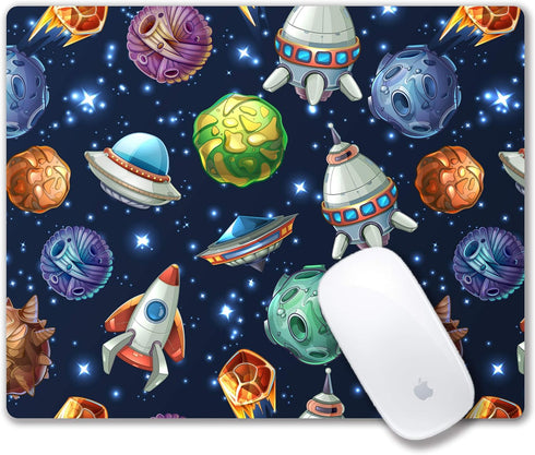 Kids Mouse Pad - Comic Space Design with Planets and Spaceships, Personalized Mouse Mat for Office