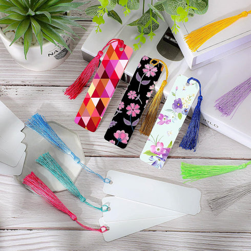 Tenare 30 Pieces Sublimation Blank Bookmarks, Metal Heat Transfer Aluminum with Colorful Tassels for DIY Projects