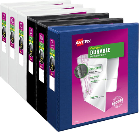 Avery Durable View 3 Ring Binder, 3" Slant Rings, Color Will Vary (Black, Blue, White), 1 Binder (17048)