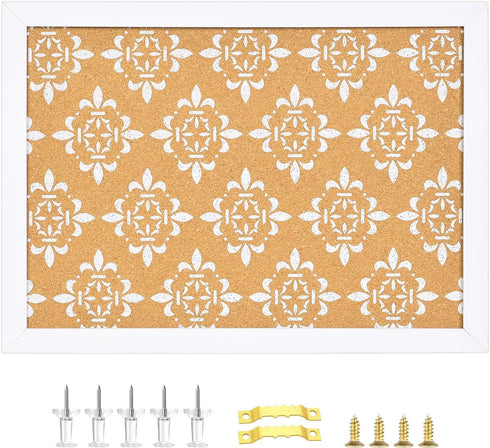 Decorative Cork Board with White Floral Print, Framed Bulletin Board for Office School Bedroom Dorm Room with Pins