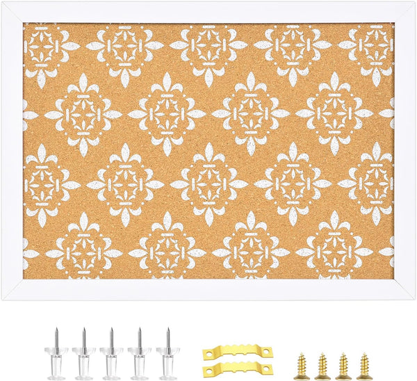 Decorative Cork Board with White Floral Print, Framed Bulletin Board for Office School Bedroom Dorm Room with Pins