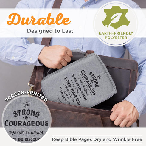 Christian Art Gifts Men's/Women's Bible Cover Strong & Courageous Joshua 1:9, Gray Canvas, Large