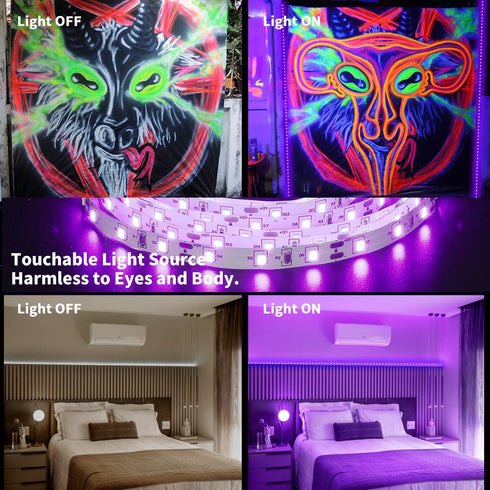 33ft/10M Set 600 12V Dimmable SMD2835 Upgraded LED Black Light Strip with Remote, LEDs, Self-Adhesive Black Light