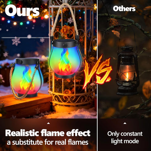 2 Pack 2 iBaycon Solar Lanterns Lights, Christmas Flickering Flame Garden Lights with Modes Dual Charging USB & Solar
