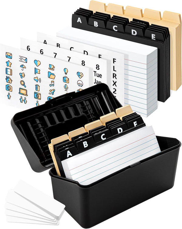 Heavy-Duty Index Card Holder 3x5 Set with 100 Ruled Cards, 25 Manila & Plastic Dividers, Stickers & Labels