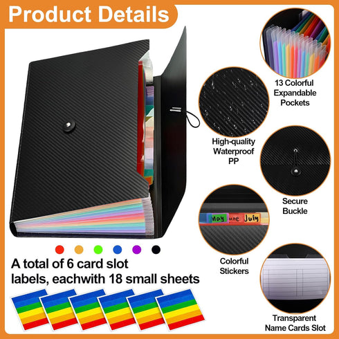 Patelai 6 Pack File Folder Organizer - 13 Pocket Expanding File Folder A4 Letter Size Paper Document Receipt Organizer