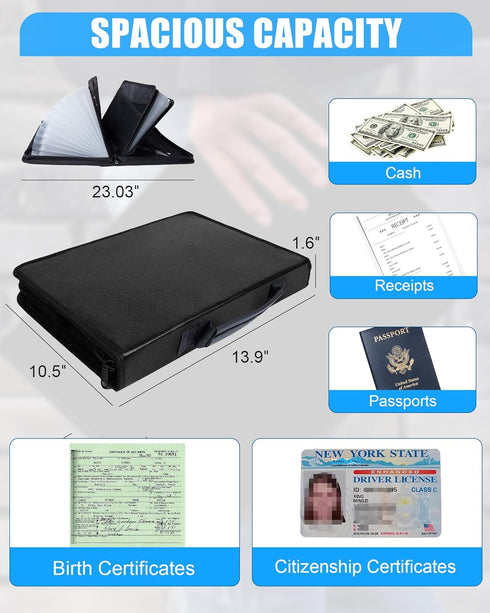 Fireproof Document Organizer Bag, a-z Accordion File Organizer 26 Pocket with Handle for Documents, Cash, Passport