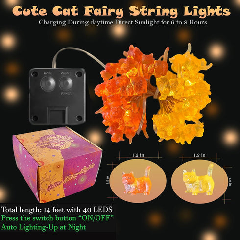 Summer 40LED 14ft Solar Cat String Lights - Christmas Thanksgiving Holiday Decor - Waterproof Kitty Fairy Lights