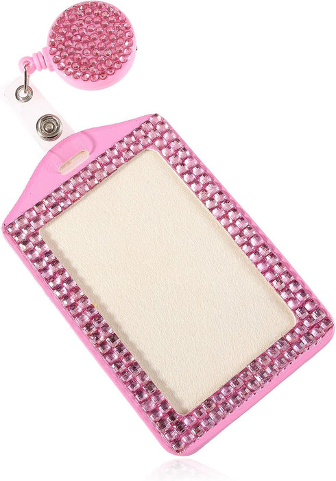 Premium Bling ID Name Badge Holder, Fashion Retractable Pink Crystal Neck Lanyard, Portable Rhinestone Clip for Nurse,