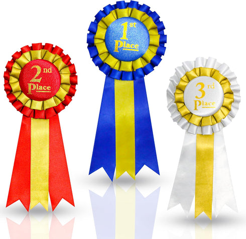 Premium Award Ribbons, Blue, Red, White - 1st, 2nd, 3rd Place, 1 Set (3 Ribbons) for Winners