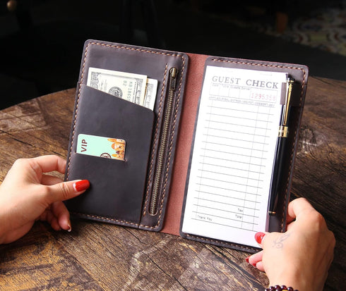 Server Book Organizer with Zipper Pocket, Genuine Leather Restaurant Guest Check Presenters Card Holder for Waitress