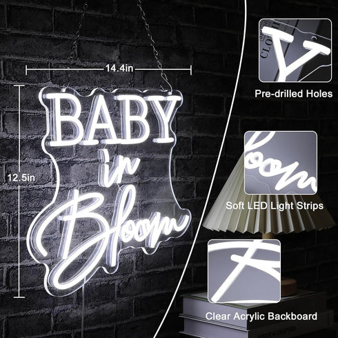 Jannisa Decorations,14.4''X12.5'' Dimmable Baby in Bloom Neon Sign for Baby Shower White LED Neon Lights Sign,USB