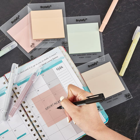 BRYTEFY Pastel Transparent Sticky Notes, Set of 4 Pads 3''x3”, Clear Sticky Tabs, Translucent Page Flags