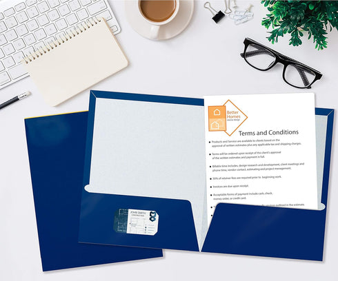 Better Office Products 2 Pocket Glossy Laminated Blue Paper Folders, Letter Size, Blue Paper Portfolios, Box of 25 Blue